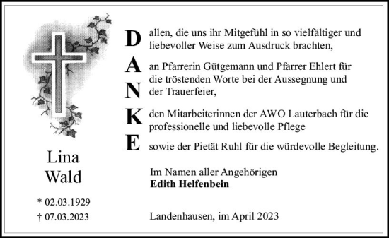 Traueranzeige von Lina Wald von Oberhessen Kurier