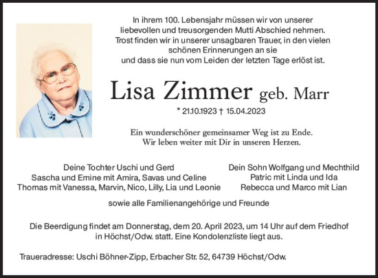 Traueranzeige von Lisa Zimmer von Odenwälder Echo