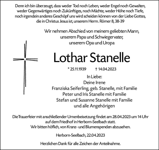 Traueranzeige von Lothar Stanelle von Dill Block