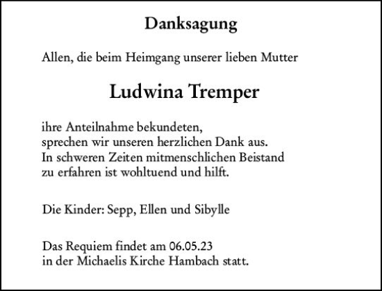 Traueranzeige von Ludwina Tremper von Starkenburger Echo