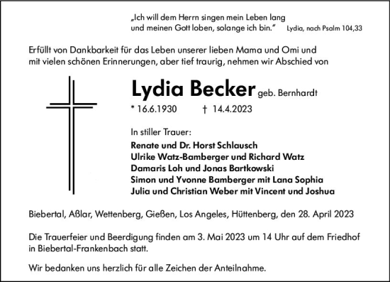 Traueranzeige von Lydia Becker von Wetzlarer Neue Zeitung