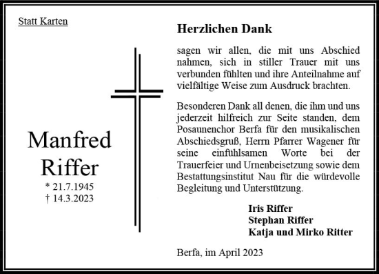 Traueranzeige von Mafred Riffer von Oberhessen Kurier