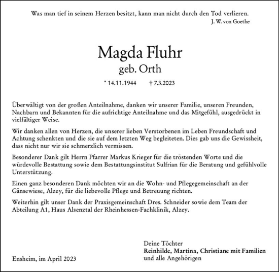 Traueranzeige von Magda Fluhr von Allgemeine Zeitung Alzey