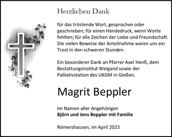Traueranzeige von Magrit Beppler von Hinterländer Anzeiger