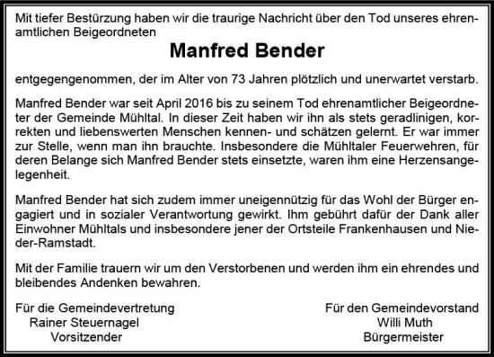 Traueranzeige von Manfred Bender von Darmstädter Echo