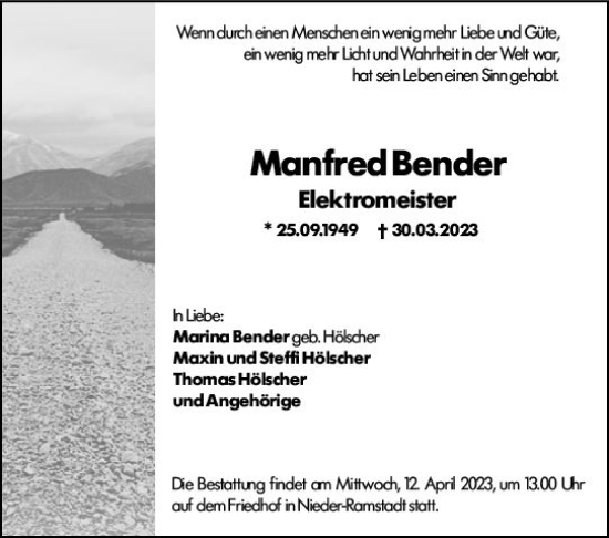 Traueranzeige von Manfred Bender von Darmstädter Echo