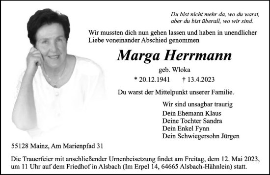 Traueranzeige von Marga Herrmann von Allgemeine Zeitung Mainz