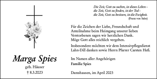 Traueranzeige von Marga Spies von Hinterländer Anzeiger