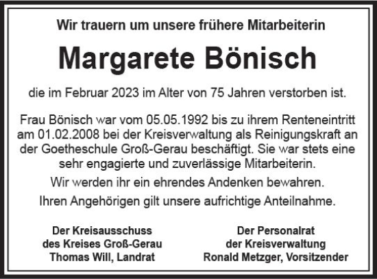 Traueranzeige von Margarete Bönisch von Groß-Gerauer Echo