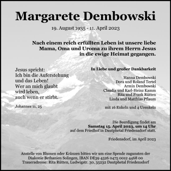 Traueranzeige von Margarete Dembowski von Hinterländer Anzeiger