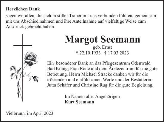 Traueranzeige von Margot Seemann von Odenwälder Echo