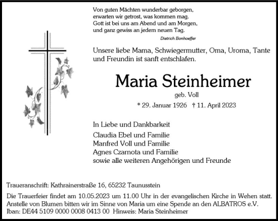 Traueranzeige von Maria Steinheimer von Wiesbadener Kurier