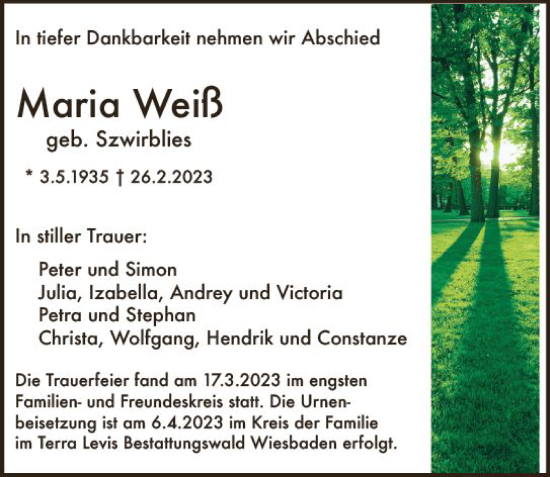 Traueranzeige von Maria Weiß von Wiesbadener Kurier
