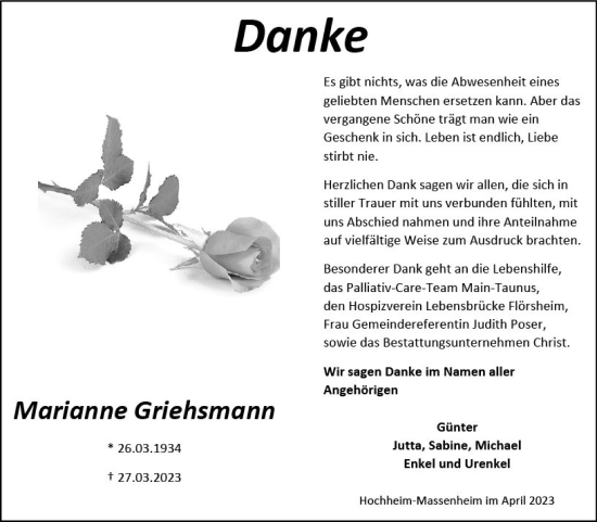 Traueranzeige von Marianne Griehsmann von Hochheimer Zeitung