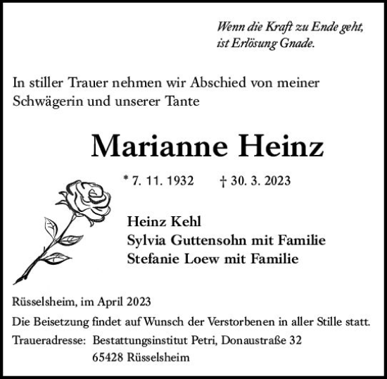 Traueranzeige von Marianne Heinz von Rüsselsheimer Echo