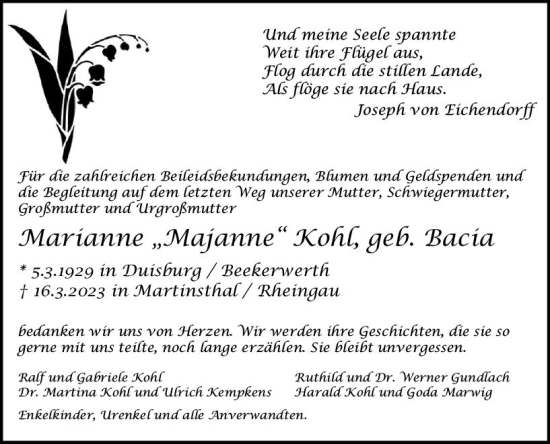 Traueranzeige von Marianne Kohl von Wiesbadener Kurier