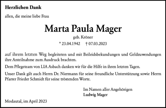 Traueranzeige von Maria Paula Mager von Darmstädter Echo