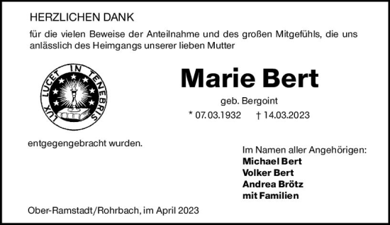 Traueranzeige von Marie Bert von Darmstädter Echo