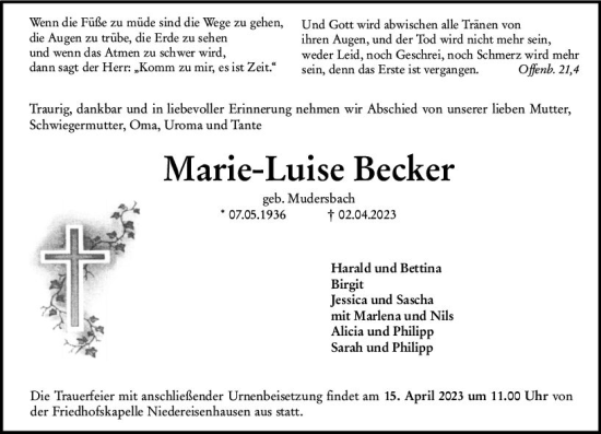 Traueranzeige von Marie-Luise Becker von Hinterländer Anzeiger