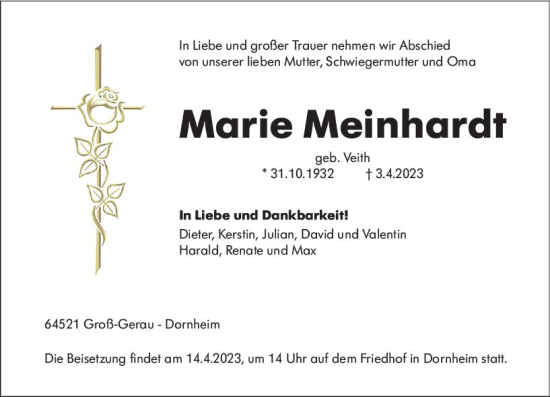 Traueranzeige von Marie Meinhardt von Groß-Gerauer Echo