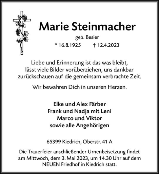 Traueranzeige von Marie Steinmacher von Rheingau Kurier