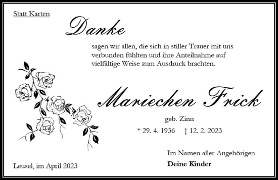 Traueranzeige von Mariechen Frick von Oberhessen Kurier