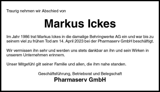 Traueranzeige von Markus Ickes von Hinterländer Anzeiger