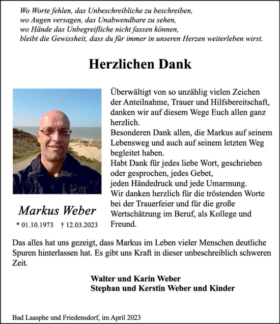 Traueranzeige von Markus Weber von Hinterländer Anzeiger