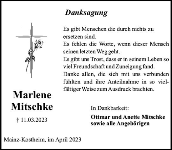 Traueranzeige von Marlene Mitschke von Allgemeine Zeitung Mainz