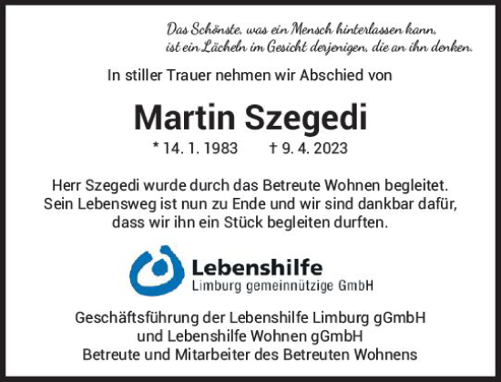 Traueranzeige von Martin Szegedi von Nassauische Neue Presse