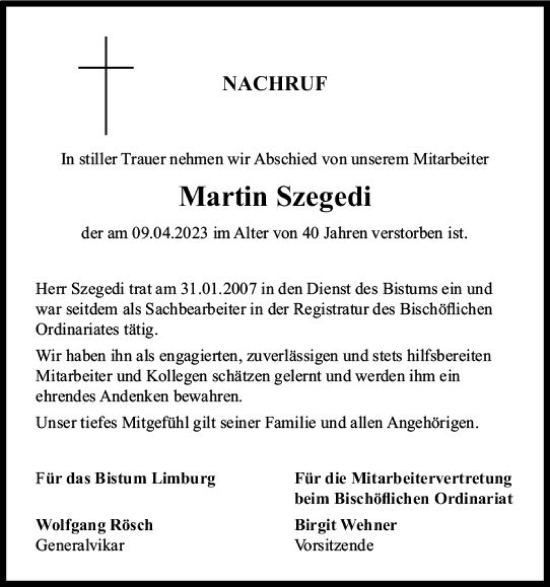 Traueranzeige von Martin Szegedi von Nassauische Neue Presse