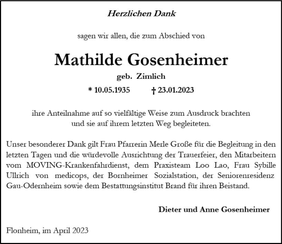 Traueranzeige von Mathilde Gosenheimer von Allgemeine Zeitung Alzey