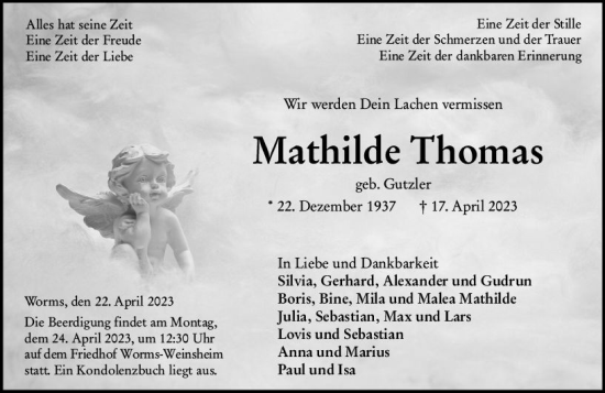 Traueranzeige von Mathilde Thomas von Wormser Zeitung