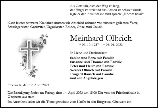 Traueranzeige von Meinhard Olbrich von Wetzlarer Neue Zeitung