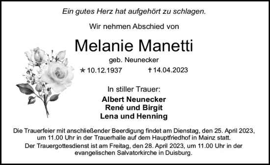 Traueranzeige von Melanie Manetti von Allgemeine Zeitung Mainz