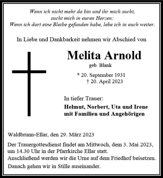 Traueranzeige von Melita Arnold von Nassauische Neue Presse