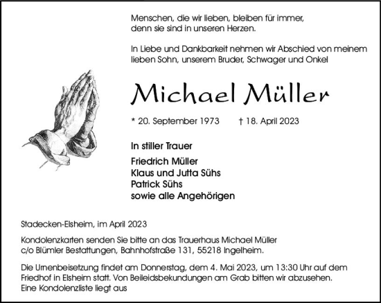 Traueranzeige von Michael Müller von Allgemeine Zeitung Mainz