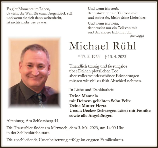 Traueranzeige von Michael Rühl von Oberhessen Kurier