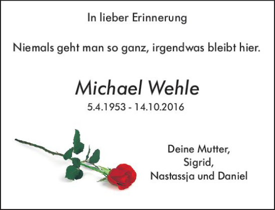 Traueranzeige von Michael Wehle von Wiesbadener Kurier
