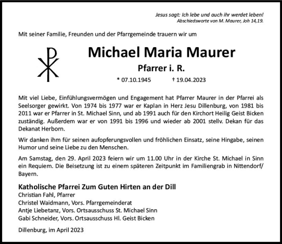 Traueranzeige von Michael Maria Maurer von Dill Block