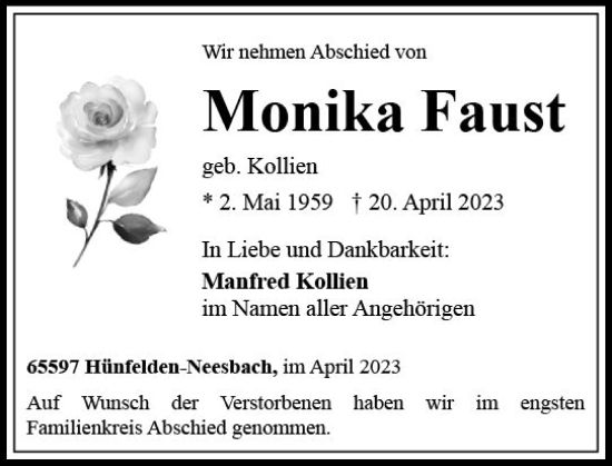 Traueranzeige von Monika Faust von Nassauische Neue Presse