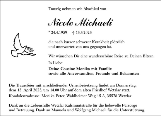 Traueranzeige von Nicole Michaeli von Wetzlarer Neue Zeitung