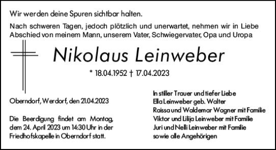 Traueranzeige von Nikolaus Leinweber von Wetzlarer Neue Zeitung