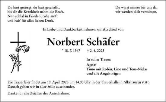 Traueranzeige von Norbert Schäfer von Wetzlarer Neue Zeitung
