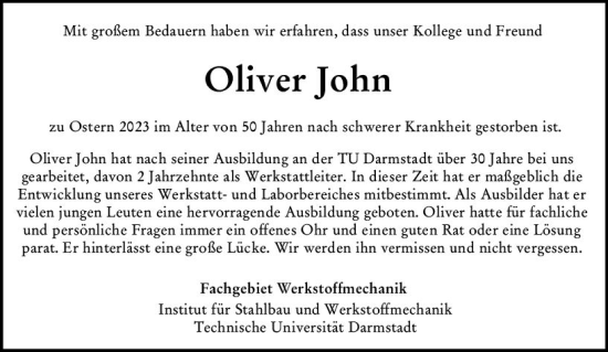 Traueranzeige von Oliver John von Darmstädter Echo