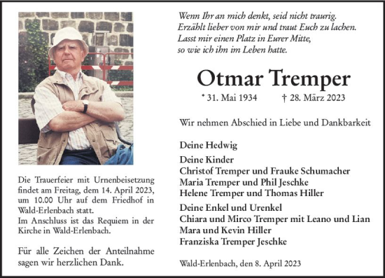 Traueranzeige von Otmar Tremper von Bergsträßer Anzeiger