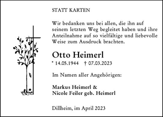 Traueranzeige von Otto Heimerl von Dill Block