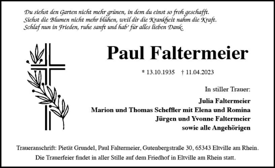 Traueranzeige von Paul Faltermeier von Wiesbadener Kurier