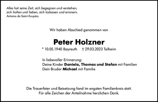 Traueranzeige von Peter Holzner von Darmstädter Echo