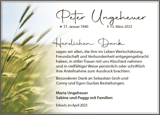 Traueranzeige von Peter Ungeheuer von Camberger Anzeiger